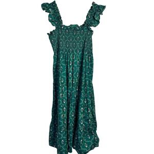HILL HOUSE Ellie Nap Dress Green Trellis Floral Smocked Midi L-XL Womens NWOT